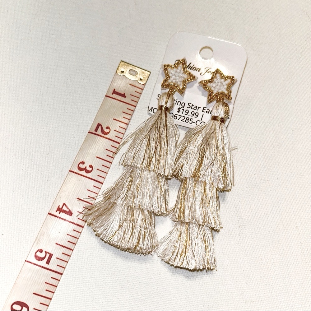 Gold and Cream Star Tassel Boutique Earrings NEW - Picture 2 of 4